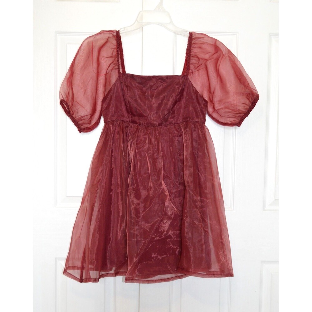 Amour Boutique TCEC Babydoll Dress Women's Size S Wine Color Puff Short Sleeve